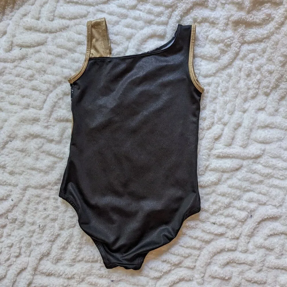 Justice Active Girls Leotard Black Gold Shimmer Gymnastics Dance Cheer Size 7